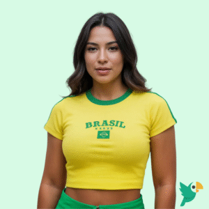 CAMISETA BABY LOOK BRASIL BORDADA COPA CANELADA CROPPED